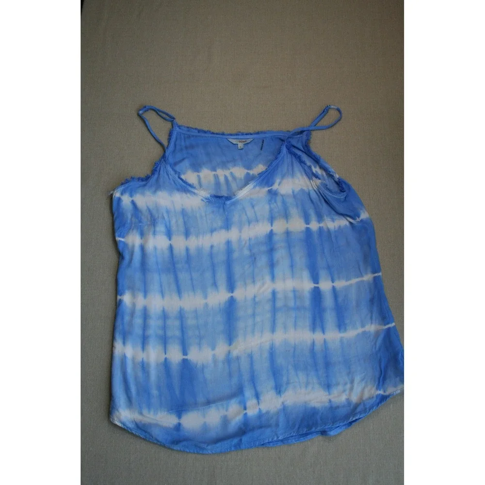 Ci Sono Womens Blue White Ty Dye Frayed Trim Camisole Tank Top Large Boho Casual